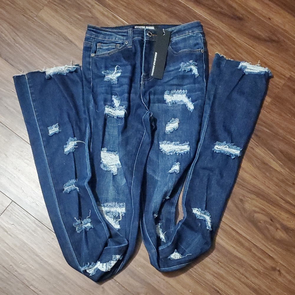 Rockstar Original Dark Blue Distressed Flare Jeans - Picture 9 of 9